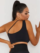 Black Lumina Vancouver medium-impact sports bra with a snug fit, designed for comfortable support during workouts.