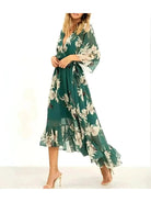 Lumina Vancouver Tilly Printed V-Neck Dress in emerald green, lightweight fabric with floral print, short sleeves and relaxed fit.