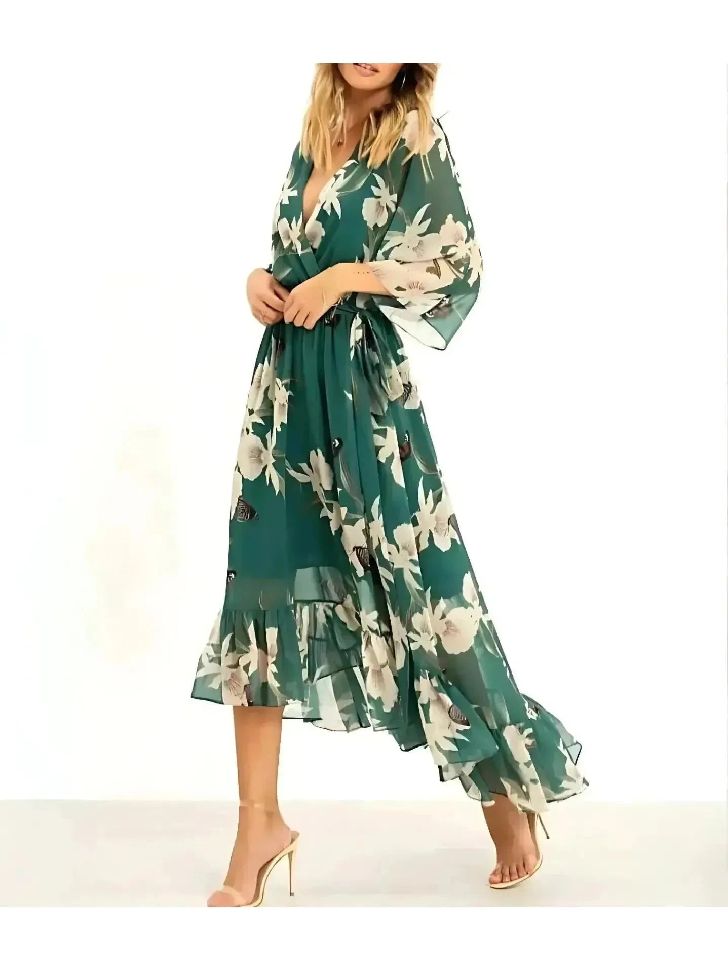 Lumina Vancouver Tilly Printed V-Neck Dress in emerald green, lightweight fabric with floral print, short sleeves and relaxed fit.