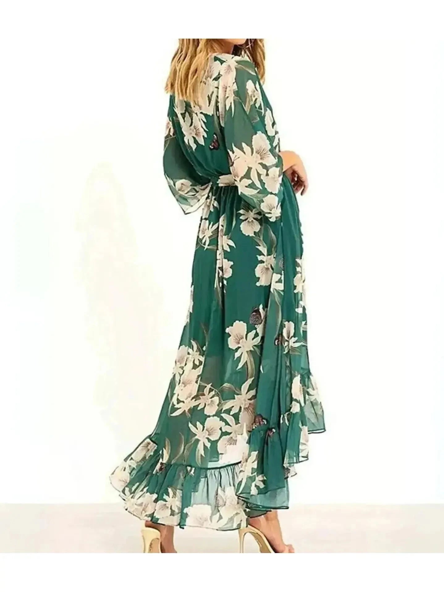Emerald green Tilly printed V-neck dress by Lumina Vancouver, showcasing a stylish and comfortable women's dress with floral print.