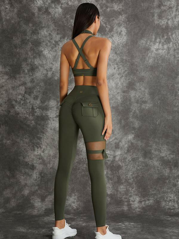 Dark sea green Lumina Vancouver sports bras with unique cut-out design, shown in a bundled set.