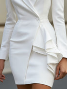 White Marisela blazer dress with ruffles from Lumina Wear, shown as a stylish mini dress with ruffle details.
