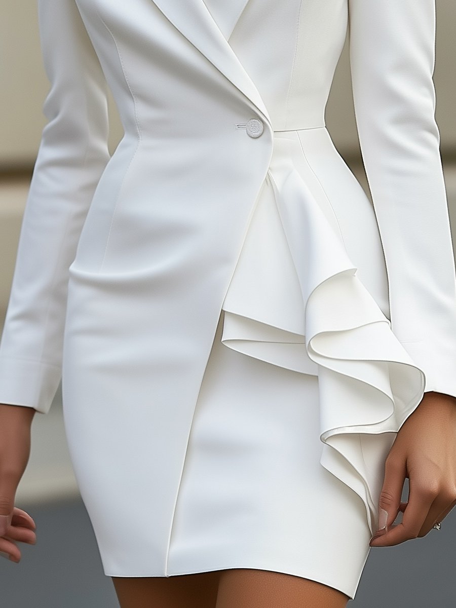White Marisela blazer dress with ruffles from Lumina Wear, shown as a stylish mini dress with ruffle details.