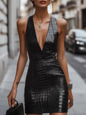 Black Valentina Croc-Embossed Mini Dress by Lumina Wear, featuring textured crocodile pattern and fitted silhouette.