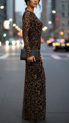 Valentina Leopard Print Fitted Maxi Dress by Lumina Vancouver, showing a brown, form-fitting gown with bold animal print.