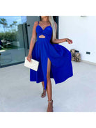 Vanette - Elegant Strappy Front Slit Midi Dress