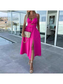 Pink Vanette Elegant Strappy Front Slit Midi Dress by Lumina Wear, showcasing a stylish front slit and sleek strap details.