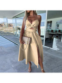Pink Vanette elegant strappy front slit midi dress by Lumina Wear, showcasing a stylish design and flowing fabric.