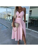 Pink Vanette Elegant Strappy Front Slit Midi Dress by Lumina Wear, featuring a stylish front slit and delicate strap details.