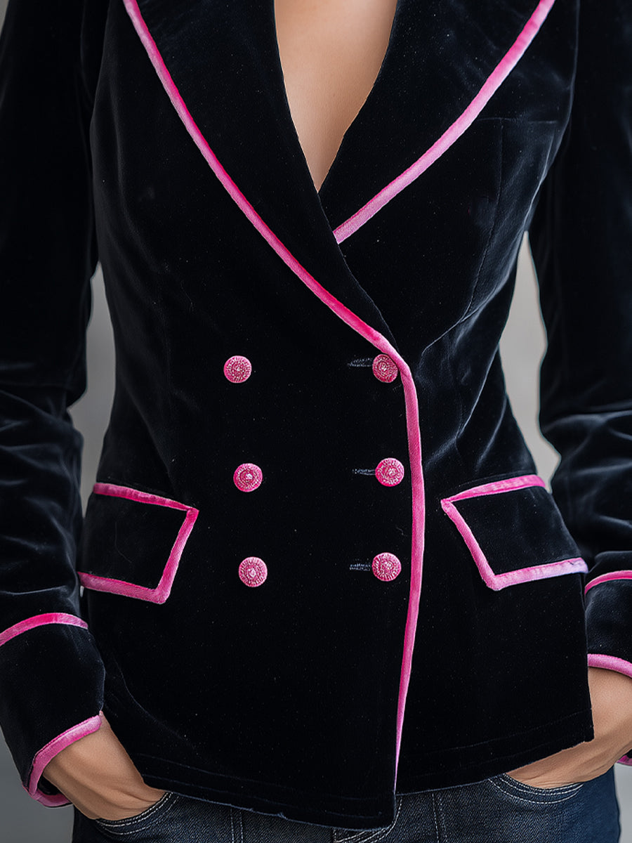 Black velvet blazer with pink contrast trim by Lumina Wear, featuring tailored fit and stylish design, shown on a model.