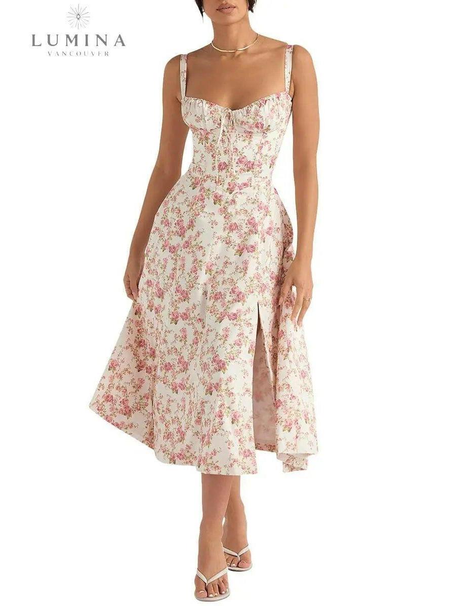 Lumina Vancouver Venura spring wedding guest dress in white with floral print, size XS, perfect for spring and summer events.
