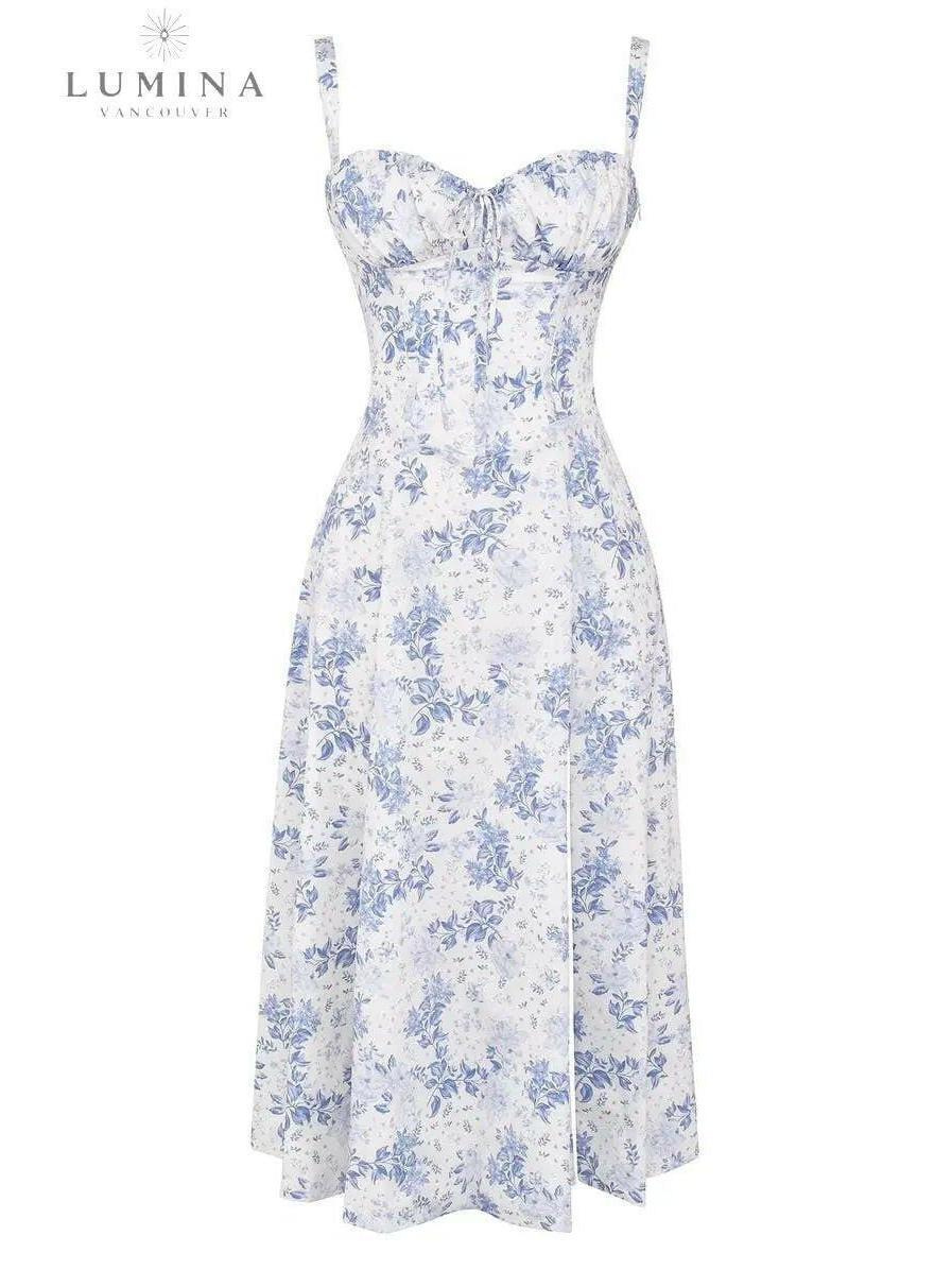 Venura spring wedding guest dress by Lumina Vancouver in white with floral print, size XS, perfect for spring occasions