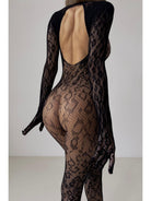 Lumina Vancouver Idalie transparent black bodysuit, fitted with long sleeves and sheer fabric, displayed on a white background.