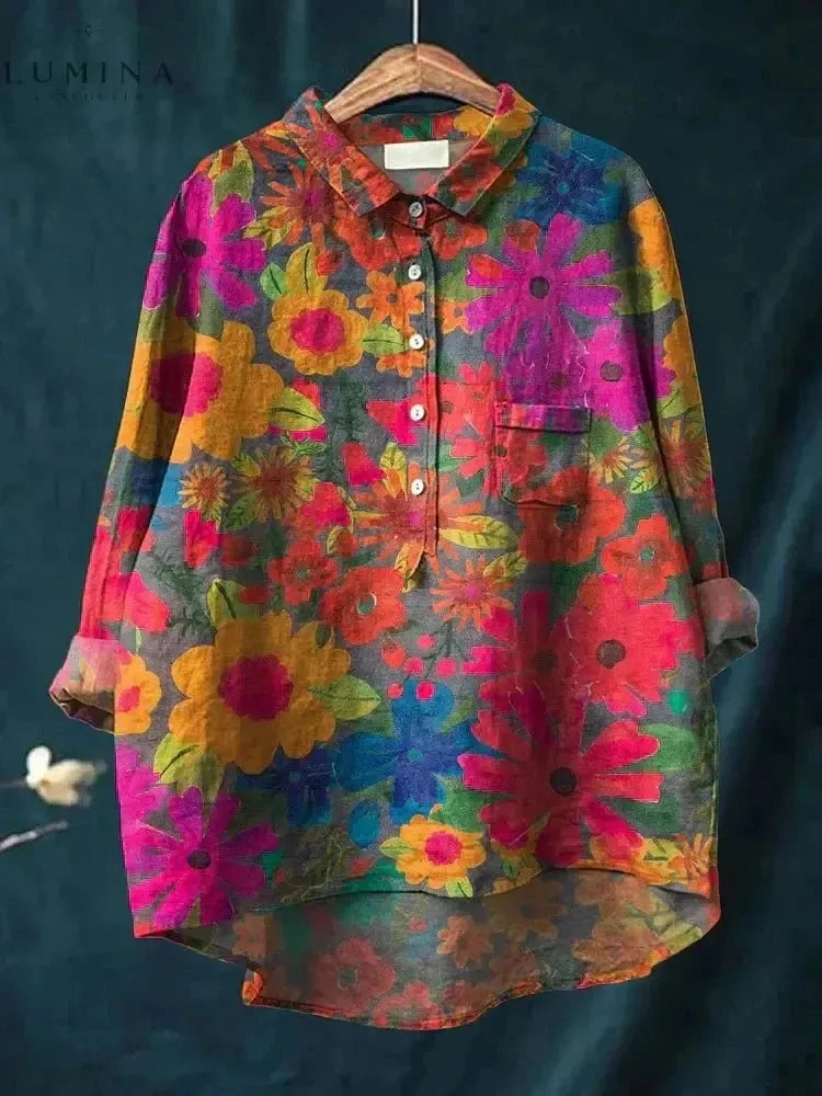 Multicolor Veronica Plant Print Tee by Lumina Vancouver featuring vibrant botanical leaf design on soft fabric.