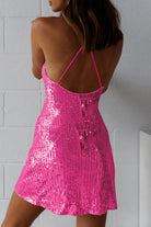 Pink sequin bodycon mini dress by Lumina Vancouver, featuring a fitted silhouette and shimmering details.