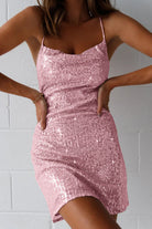 Lumina Vancouver Octavie sequin bodycon mini dress in rose red, form-fitting with shimmering sequins, perfect for evening wear.