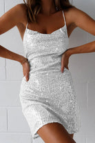 Lumina Vancouver Octavie sequin bodycon mini dress in rose red, form-fitting design with shimmering sequins.