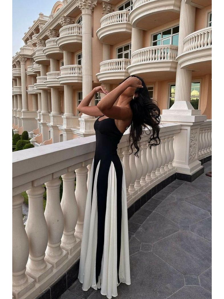 Black and white Viara paneled maxi dress by Lumina Wear, flowing design with a stylish, elegant look.