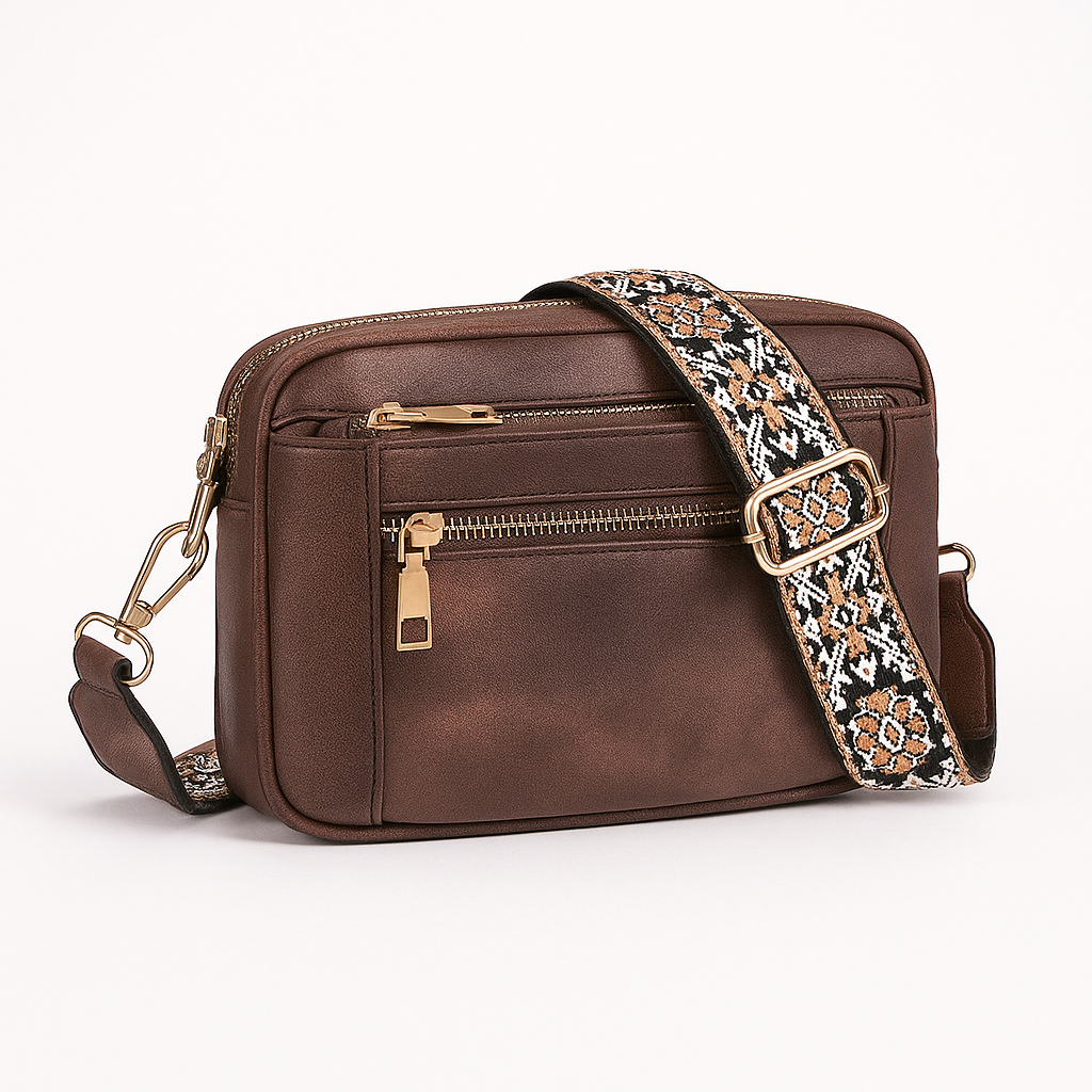 Dark brown Victoria vegan leather shoulder handbag by Lumina Wear with bohemian-inspired design and adjustable strap.