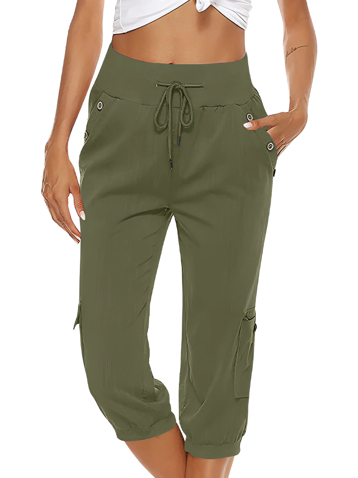 Victoria women's green breathable capri trousers with elastic waist by Lumina Wear, shown in gray, perfect for casual wear.