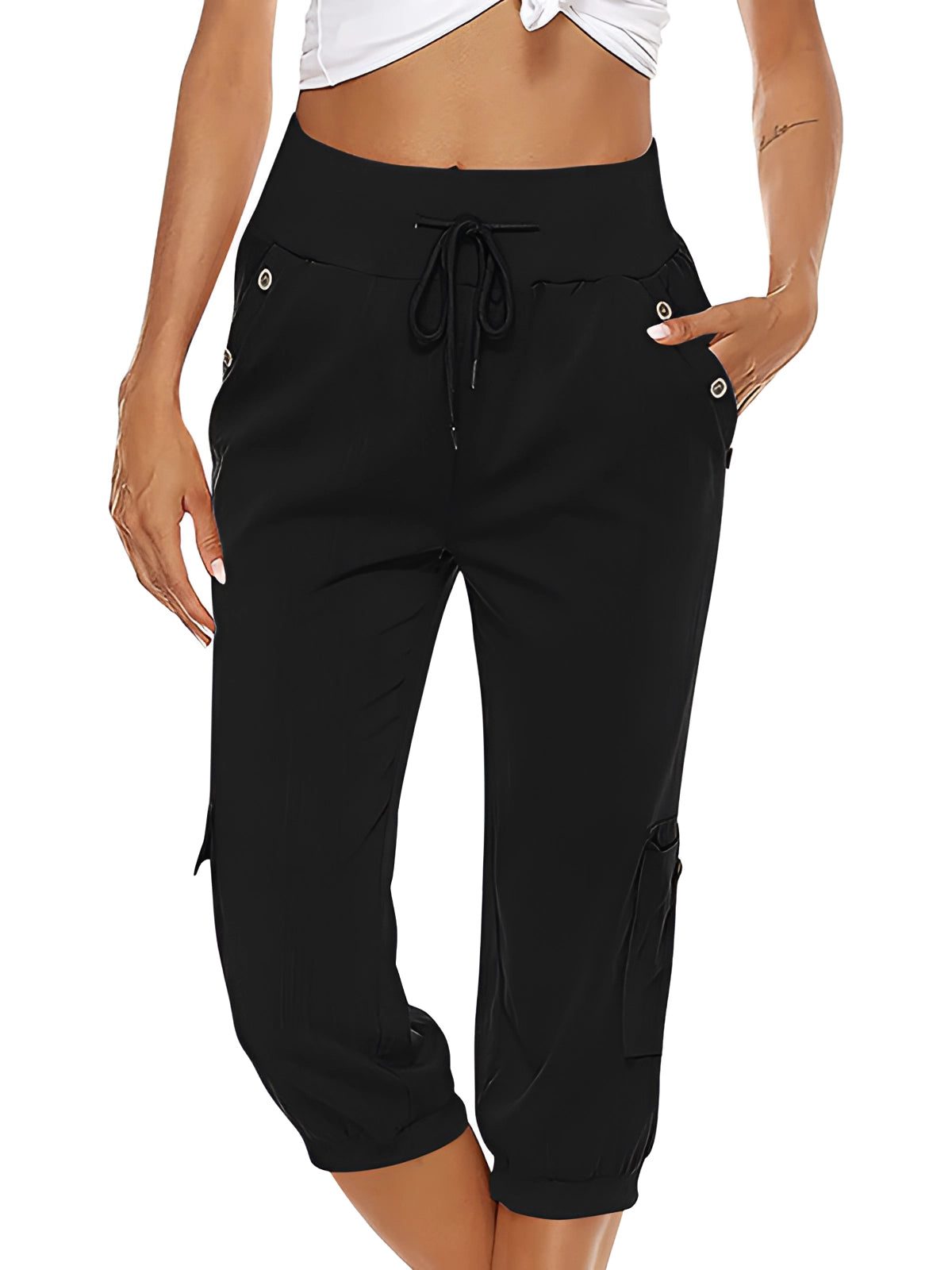 Women's breathable green Capri trousers with elastic waist by Lumina Wear, designed for comfort and style.