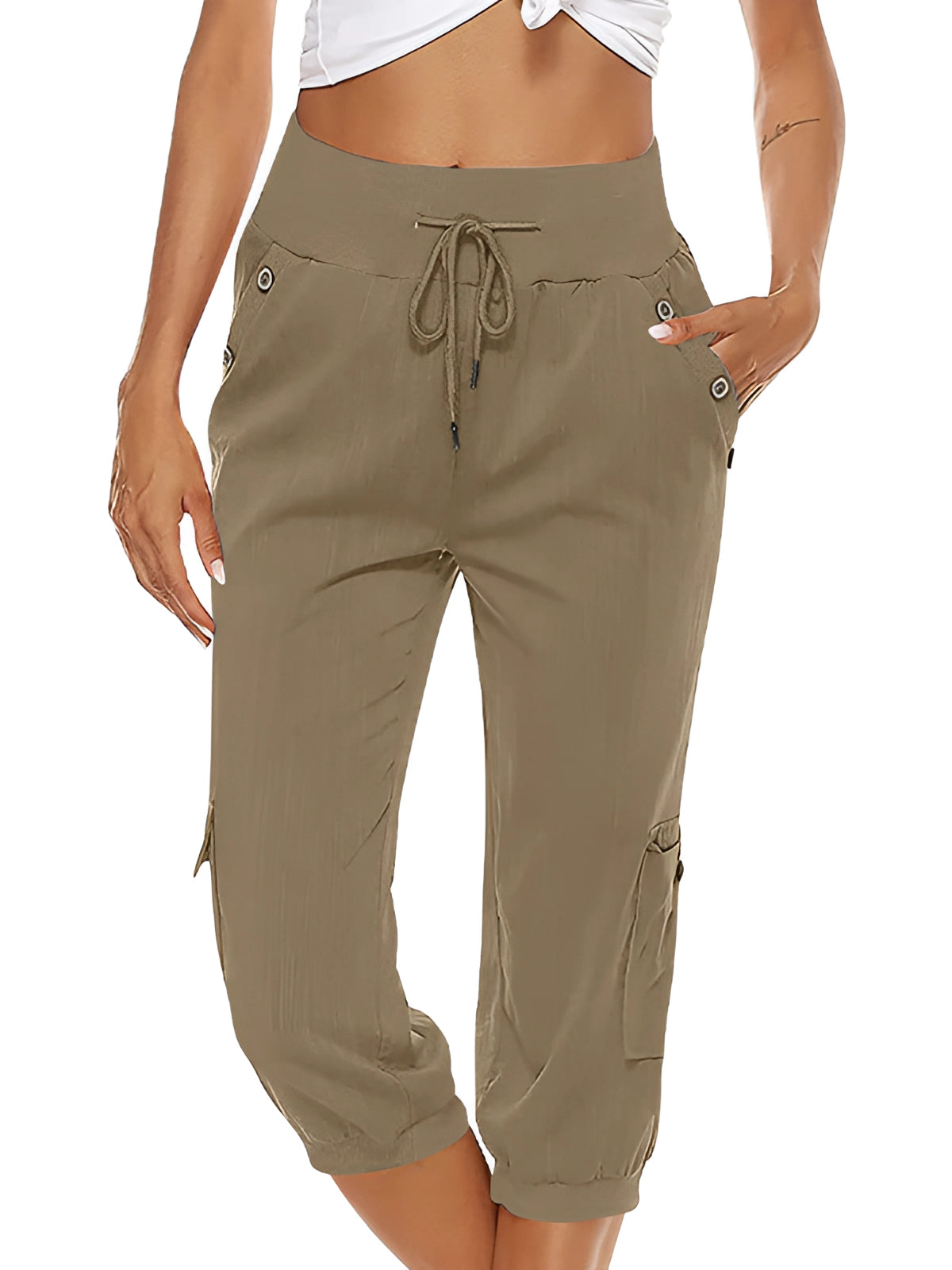 Victoria breathable green women's capri trousers by Lumina Wear with elastic waist, perfect for comfortable casual wear.