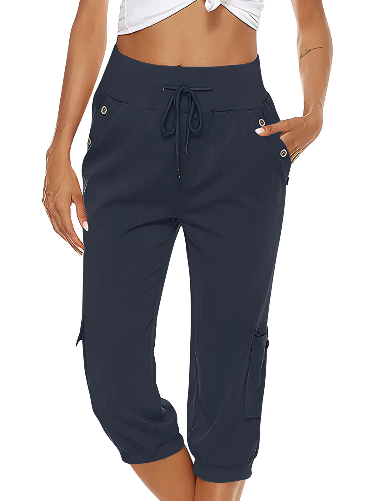 Women's breathable green capri trousers with elastic waist by Lumina Wear, featuring a comfortable fit and stylish design.