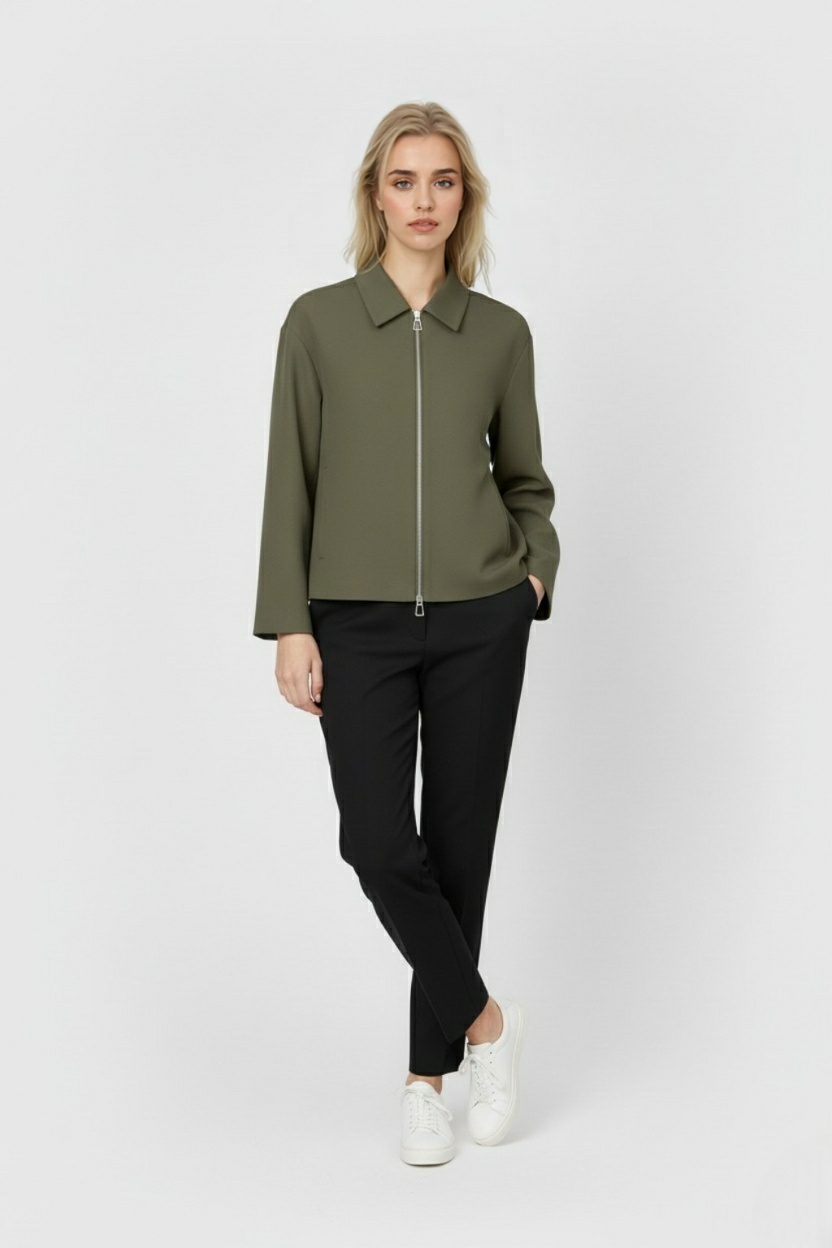 Victoria casual army green bomber jacket with zipper closure by Lumina Wear, featuring a fitted style and ribbed cuffs.