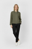 Victoria casual army green bomber jacket with zipper closure by Lumina Wear, featuring a fitted style and ribbed cuffs.