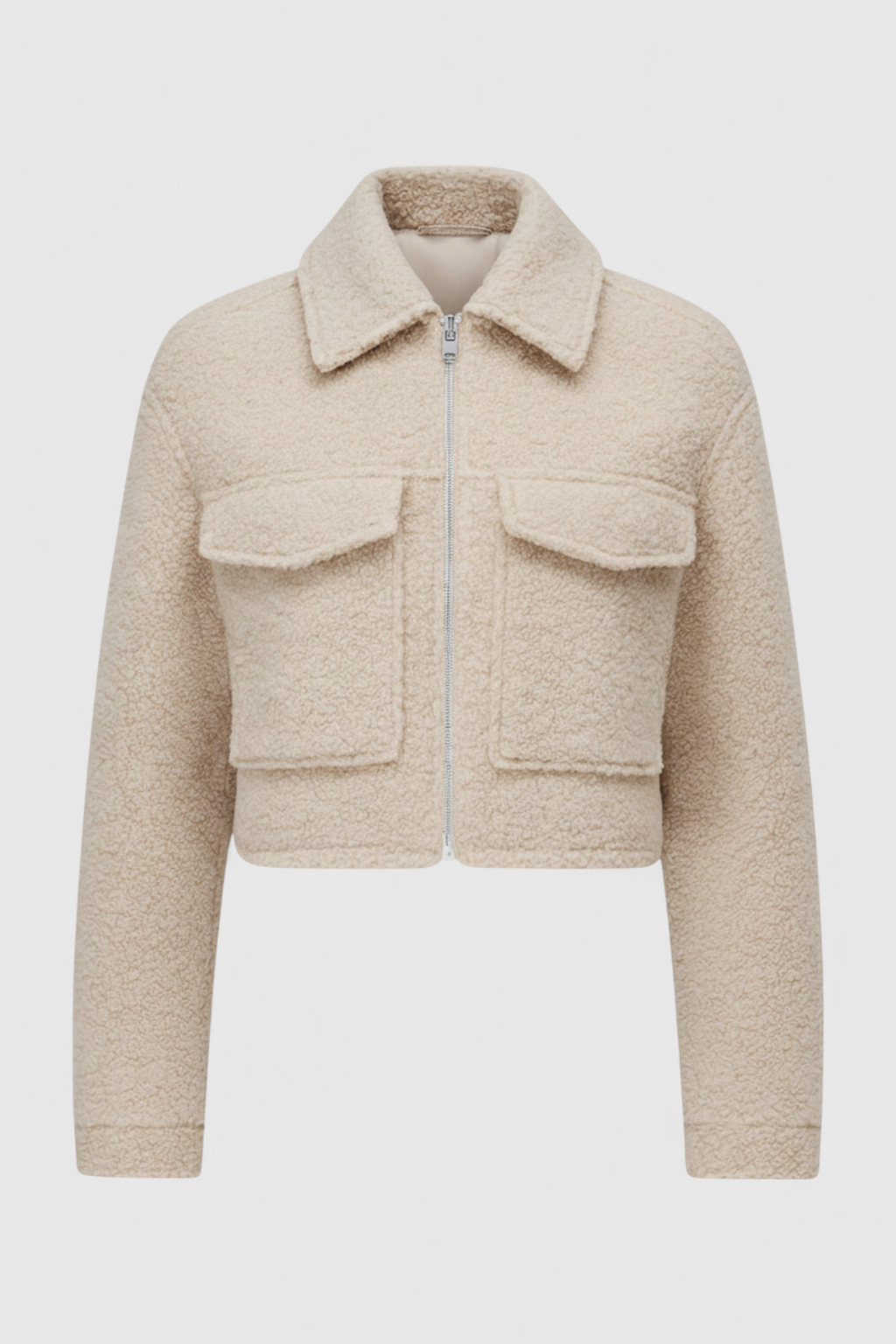 Victoria beige zip jacket by Lumina Wear featuring vintage lapel, pockets, and stylish design for women's fashion.