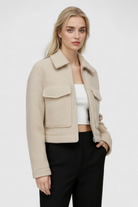 Victoria beige zip jacket by Lumina Wear featuring vintage lapel, pockets, and a chic design, perfect for women's fashion.