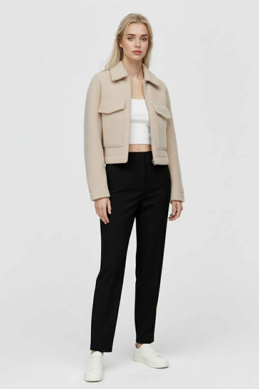 Victoria beige zip jacket by Lumina Wear featuring vintage lapel, pockets, and a chic, stylish design for women's fashion.