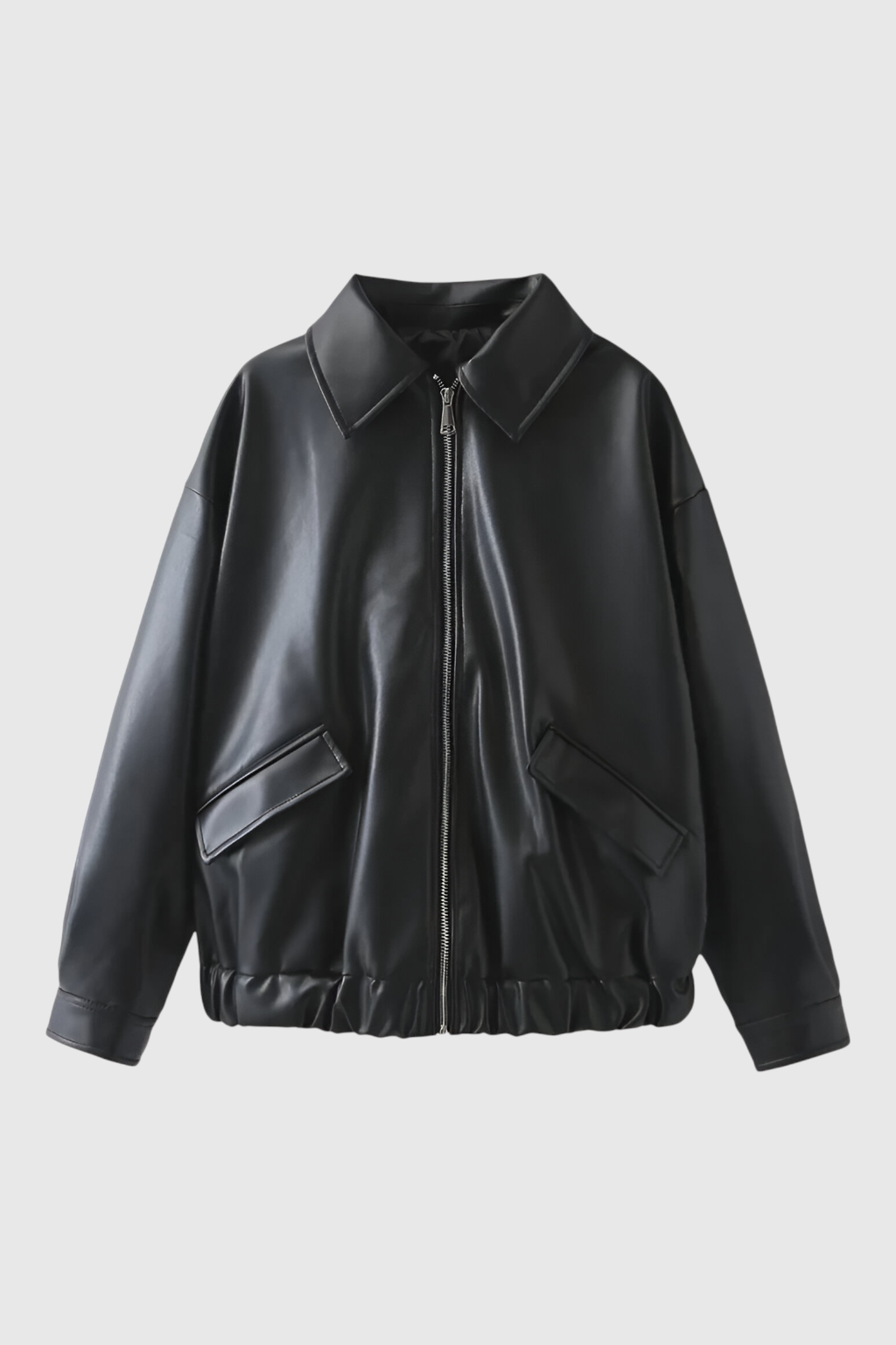 Victoria black leather jacket with retro collar by Lumina Wear, stylish jacket with sleek design and classic details.