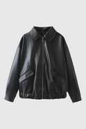 Victoria black leather jacket with retro collar by Lumina Wear, stylish and fitted for a chic, modern look.