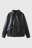 Victoria black leather jacket with retro collar by Lumina Wear, stylish jacket with sleek design and classic details.