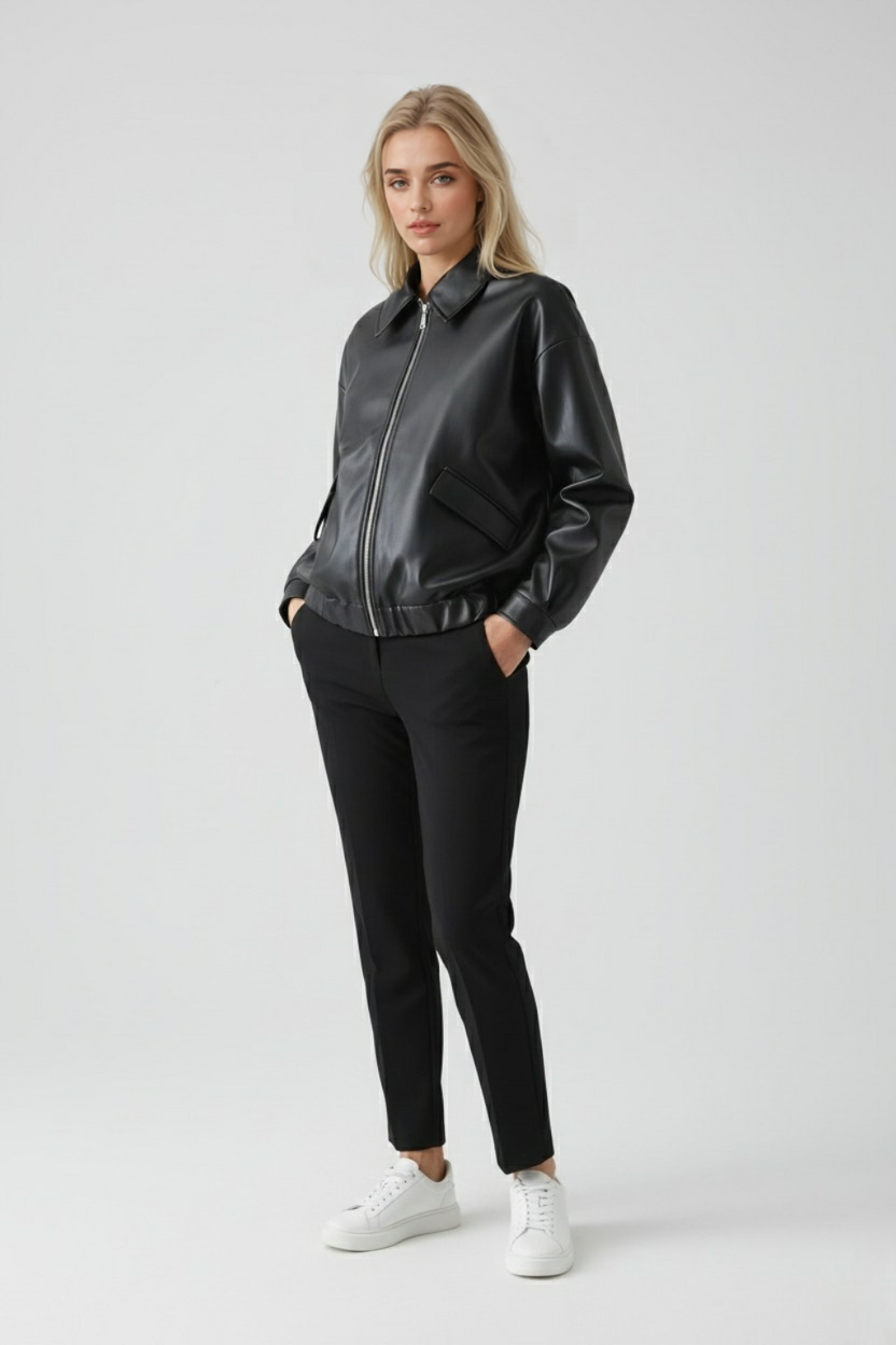 Victoria black leather jacket with retro collar by Lumina Wear, stylish women's jacket featuring smooth leather and classic design.