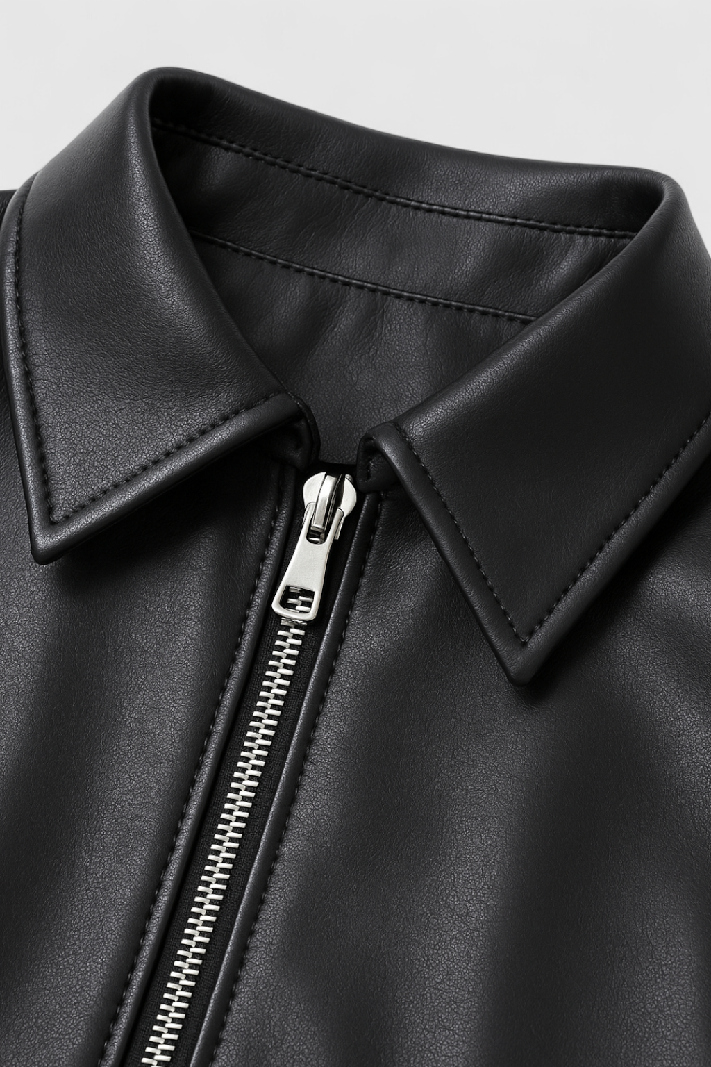 Victoria black leather jacket with retro collar from Lumina Wear, stylish and fitted, featuring classic design and sleek details.