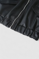 Victoria chic black leather jacket with retro collar by Lumina Wear, featuring sleek design and stylish detailing.