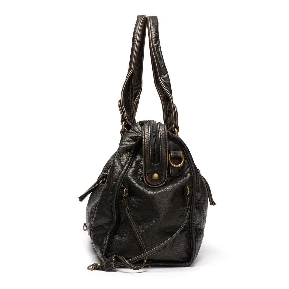 Victoria black PU leather handbag with multiple pockets, stylish design, and silver-tone hardware from Lumina Wear.