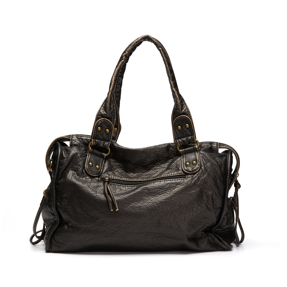 Victoria Lumina black PU leather handbag with multiple pockets, stylish and spacious for everyday use.