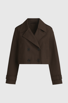 Victoria Lumina brown windbreaker jacket with double-breasted design, stylish lightweight outerwear for women.