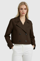 Victoria Lumina brown windbreaker jacket with double-breasted design, stylish and lightweight outerwear for women.