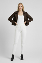 Victoria Brown windbreaker jacket by Lumina Wear featuring a double-breasted design and chic style, perfect for casual wear.