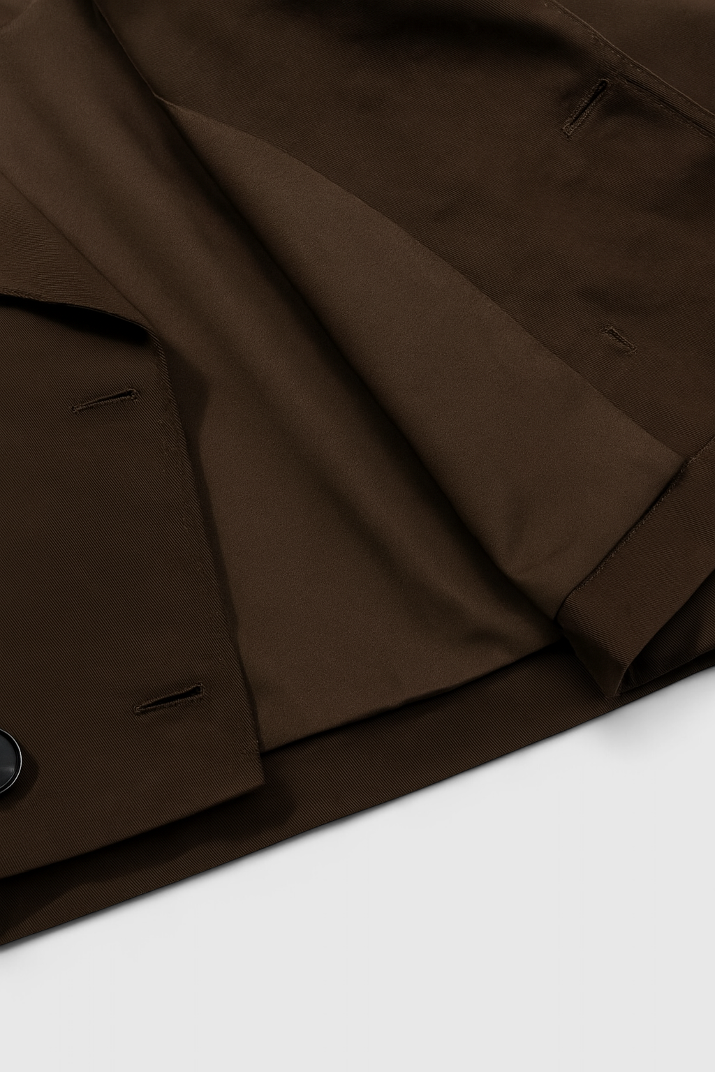 Victoria Chic Brown Windbreaker Jacket by Lumina Wear featuring a double-breasted design and stylish lightweight windbreaker fabric.