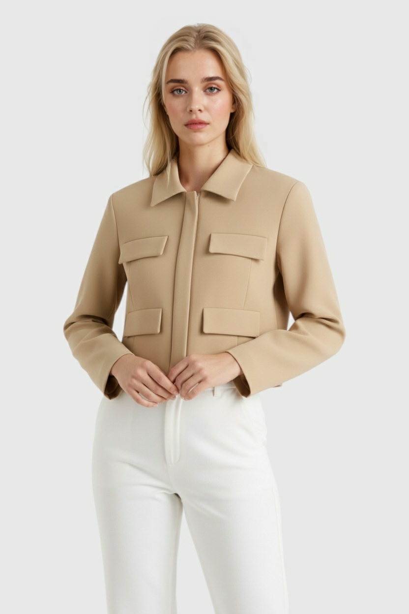 Khaki Victoria Lumina Wear cropped button jacket with a chic, flattering fit, shown on a model.