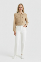 Khaki Victoria Lumina Wear cropped button jacket with flattering fit, stylish for casual and semi-formal outfits