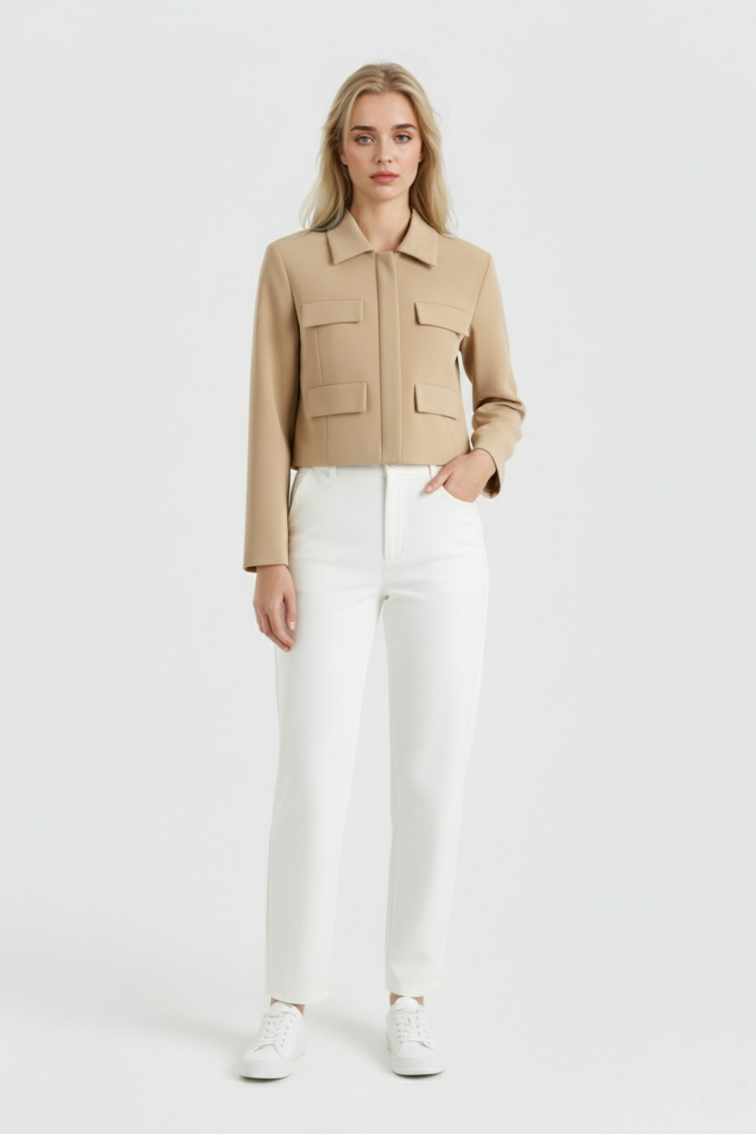 Khaki Victoria Lumina Wear cropped button jacket with flattering fit, stylish for casual and semi-formal outfits