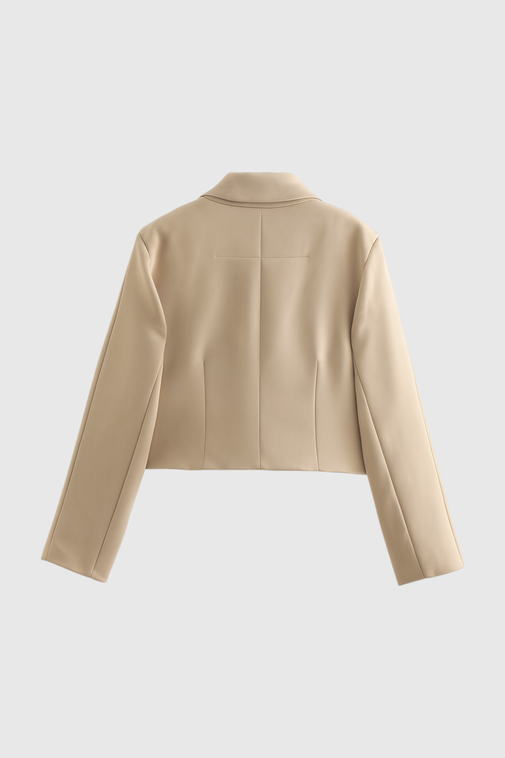 Khaki Victoria Lumina Wear cropped button jacket with flattering fit, shown on a model, stylish and lightweight for casual wear.