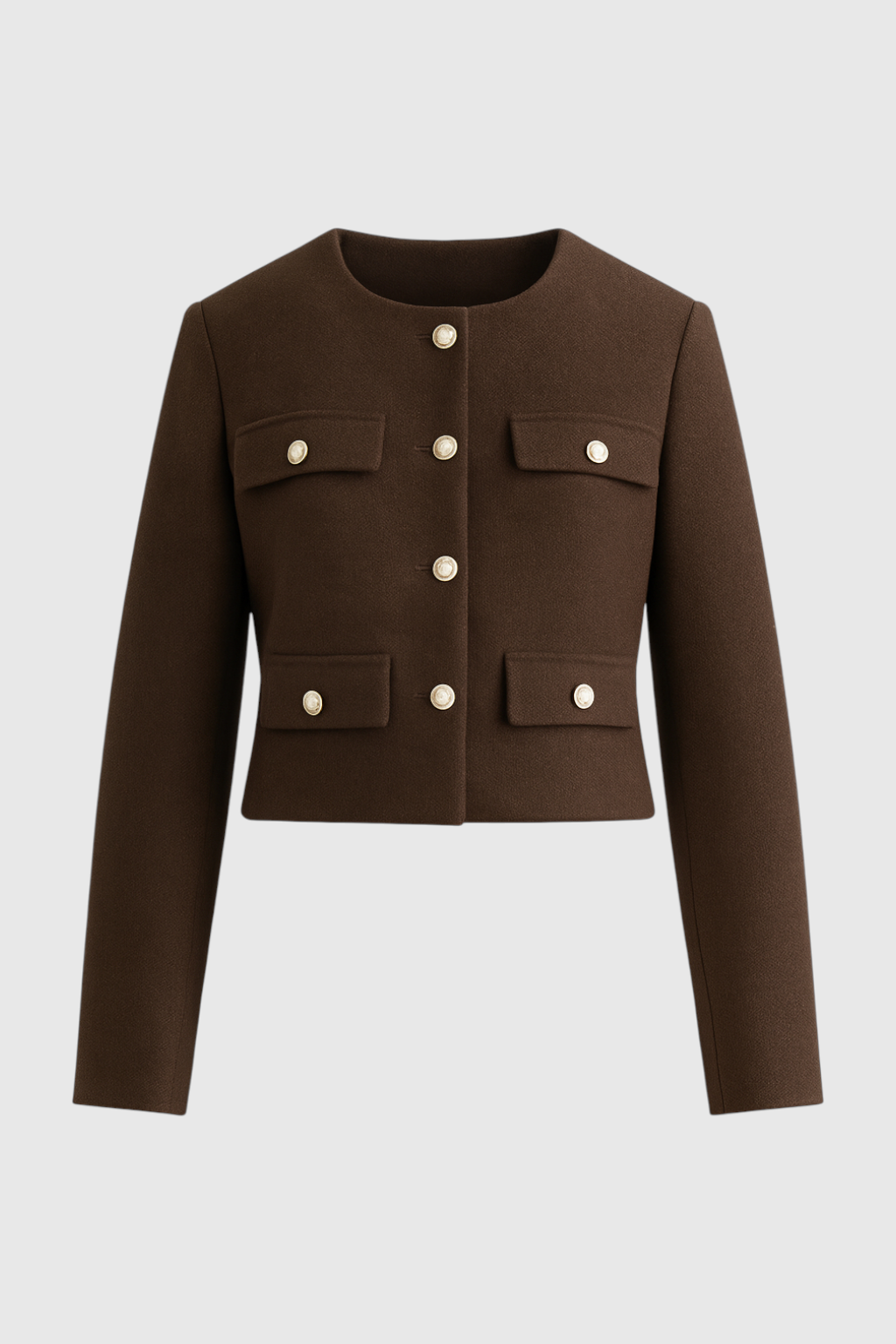 Dark brown short women's jacket by Lumina Wear with tailored fit, featuring a chic style and structured silhouette.