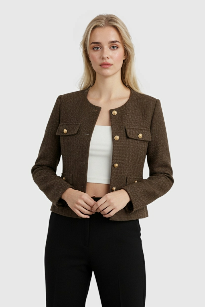 Victoria women's dark brown short jacket with tailored fit from Lumina Wear, featuring a sleek, stylish design and structured silhouette.